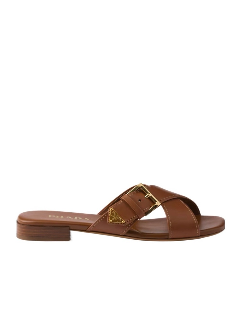 Prada Crisscross Leather Slide Sandals Brown Gold Logo Buckle 37.5 NWT - Picture 6 of 13